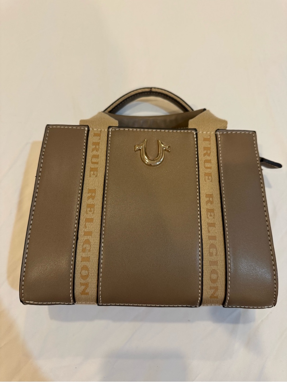 True Religion Taupe Brown Leather Logo-Strip Satchel